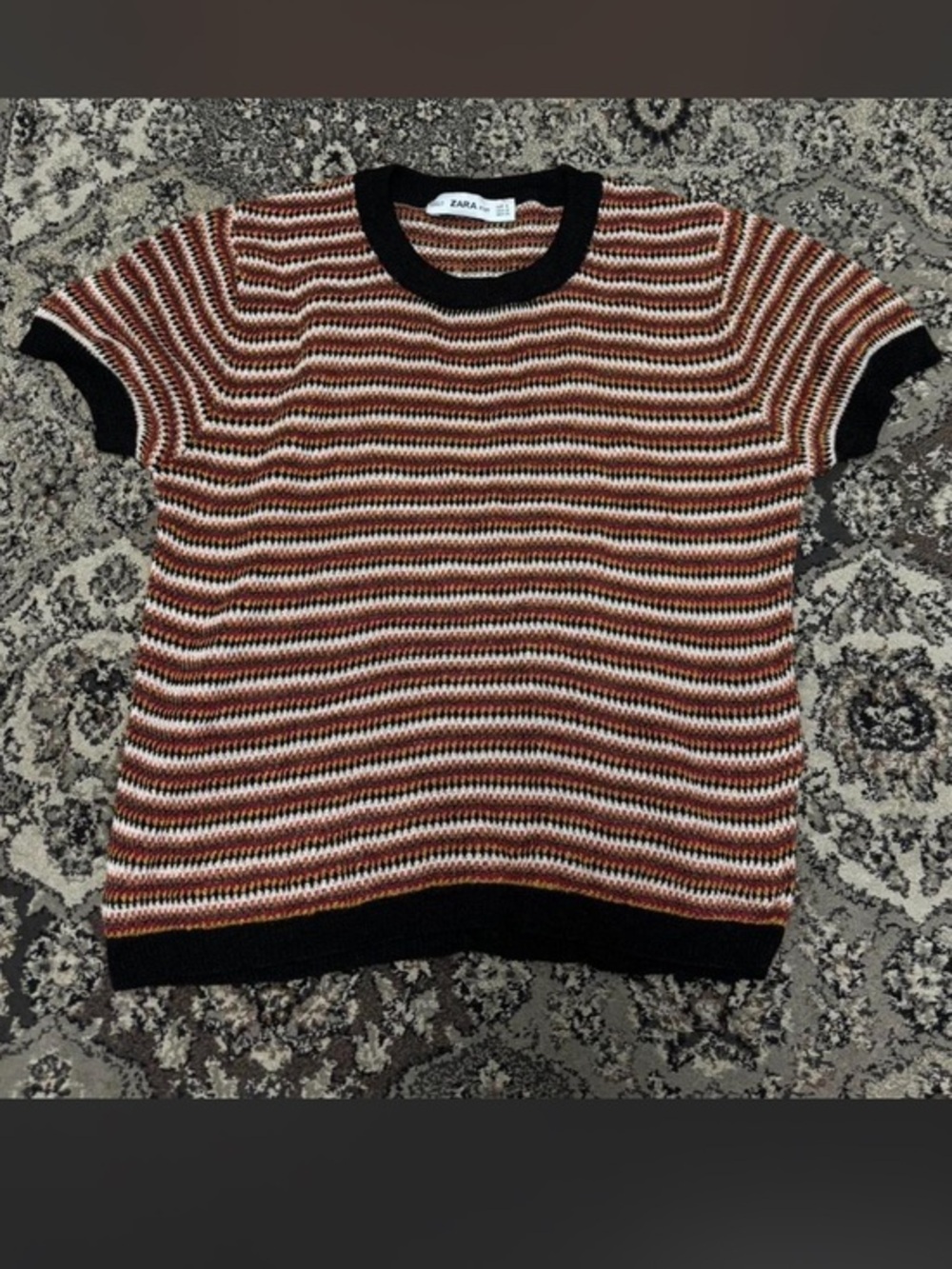 ZARA Striped Short Sleeve Knit Top - Rust, Cream, Black size M